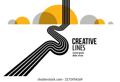 3D black and white lines in perspective with yellow elements abstract vector background, linear perspective illustration op art, road to horizon.