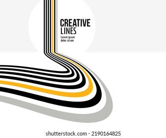 3D black and white lines in perspective with yellow elements abstract vector background, linear perspective illustration op art, road to horizon.