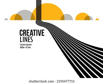 3D black and white lines in perspective with yellow elements abstract vector background, linear perspective illustration op art, road to horizon.