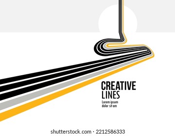 3D black and white lines in perspective with yellow elements abstract vector background, linear perspective illustration op art, road to horizon.