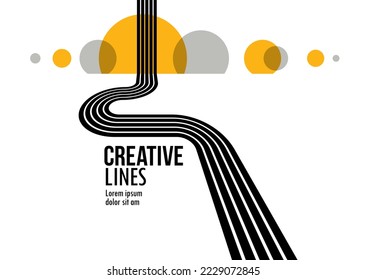 3D black and white lines in perspective with yellow elements abstract vector background, linear perspective illustration op art, road to horizon.