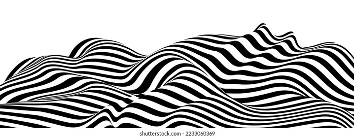 3D black and white lines in perspective abstract vector background, linear perspective terrain pattern op art.