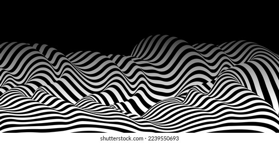 3D black and white lines in perspective abstract vector background, linear perspective terrain pattern op art.