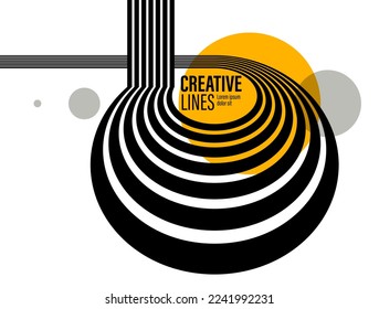 3D black and white lines in perspective with yellow elements abstract vector background, linear perspective illustration op art.