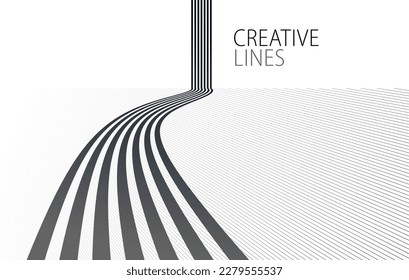 3D black and white lines in perspective abstract vector background, linear perspective illustration op art, road to horizon.