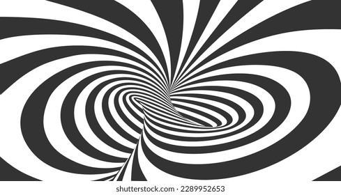 3D black white lines, perspective loop, digital abstract swirl vector background. Linear infinity illustration, op art, optical illusion dynamic wallpaper. Tunnel, internet, network connection concept