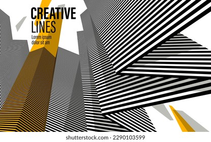 3D black and white lines in perspective with yellow elements abstract vector background, linear perspective pattern op art.