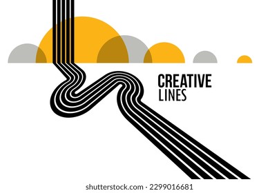 3D black and white lines in perspective with yellow elements abstract vector background, linear perspective illustration op art, road to horizon.