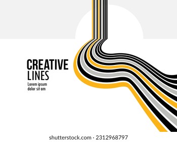 3D black and white lines in perspective with yellow elements abstract vector background, linear perspective illustration op art, road to horizon.