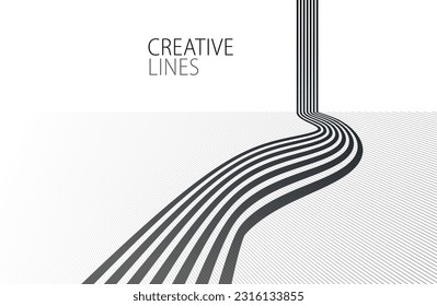 3D black and white lines in perspective abstract vector background, linear perspective illustration op art, road to horizon.