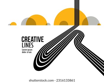 3D black and white lines in perspective with yellow elements abstract vector background, linear perspective illustration op art, road to horizon.