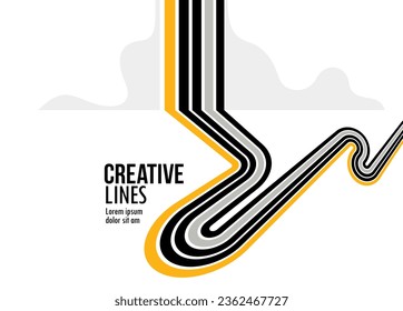 Líneas 3D en blanco y negro en perspectiva con elementos amarillos fondo vector abstracto, ilustración lineal de perspectiva op art, camino a horizonte.