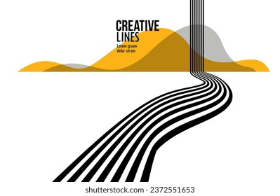 Líneas 3D en blanco y negro en perspectiva con elementos amarillos fondo vector abstracto, ilustración lineal de perspectiva op art, camino a horizonte.