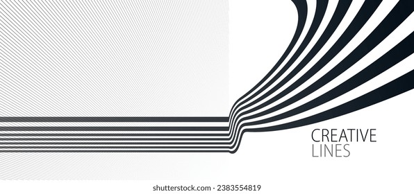 Líneas 3D en blanco y negro en perspectiva de fondo vector abstracto, ilustración lineal de perspectiva op art.