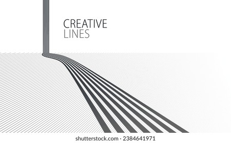 Líneas 3D en blanco y negro en perspectiva de fondo vector abstracto, ilustración lineal de perspectiva op art, camino a horizonte.