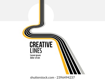 Líneas 3D en blanco y negro en perspectiva con elementos amarillos fondo vector abstracto, ilustración lineal de perspectiva op art, camino a horizonte.