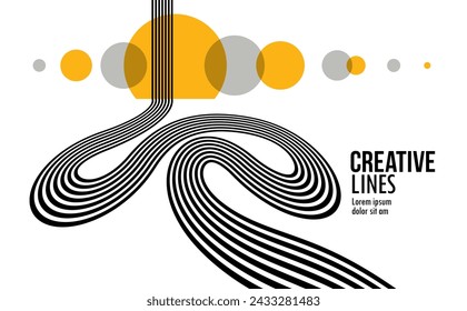 3D black and white lines in perspective with yellow elements abstract vector background, linear perspective illustration op art, road to horizon.