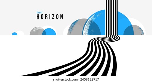 3D Schwarz-Weiß-Linien in der Perspektive mit blauen Elementen abstrakte Vektorgrafik Hintergrund, lineare perspektivische Illustration op art, Straße zum Horizont.