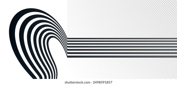 3D schwarz-weiße Linien auf perspektivischem abstraktem Vektorhintergrund, lineare perspektivische Illustration op art.