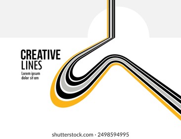 3D schwarz-weiße Linien in Perspektive mit gelben Elementen abstrakter Vektorhintergrund, lineare perspektivische Illustration op art, Straße zum Horizont.