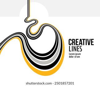 3D black and white lines in perspective with yellow elements abstract vector background, linear perspective illustration op art, road to horizon.