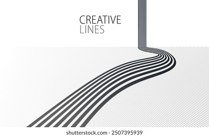 3D black and white lines in perspective abstract vector background, linear perspective illustration op art, road to horizon.