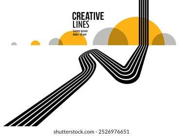 3D preto e linhas brancas em perspectiva com elementos amarelos vetor abstrato fundo, perspectiva linear ilustração op art, estrada para o horizonte.