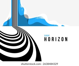 3D black and white lines in perspective with blue elements abstract vector background, linear perspective illustration op art, road to horizon.