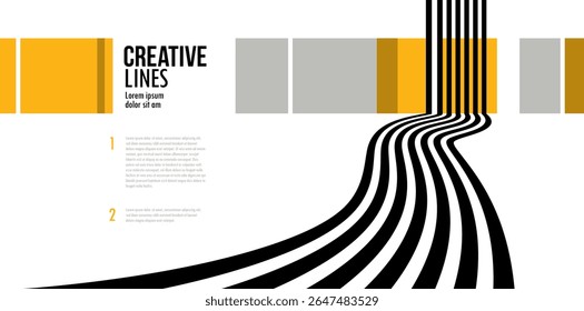 3D black and white lines in perspective with yellow elements abstract vector background, linear perspective illustration op art, road to horizon.