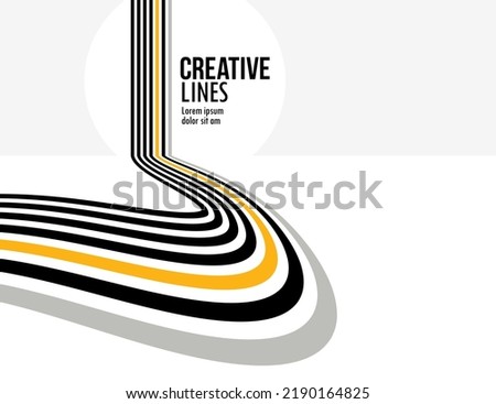 3D black and white lines in perspective with yellow elements abstract vector background, linear perspective illustration op art, road to horizon.