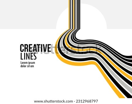 3D black and white lines in perspective with yellow elements abstract vector background, linear perspective illustration op art, road to horizon.