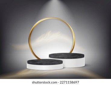 3D black and white marble display podium for luxury product on grey background and golde circle scence. You can use product presentation, show cosmetic, food supplement. Vector illustration.