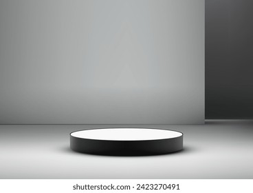 3D black and white podium mockup. Modern minimalist design, product display is perfect for showcasing jewelry, cosmetics, electronics. Vector illustration