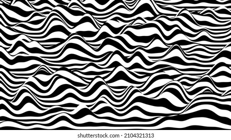 Tiras tridimensionadas en blanco y negro con fondo distorsionado. Resumen de la superficie de ruido procesal.