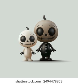 3D. Black and white scary dolls with sewn mouths. Horror, horror, magic. For Halloween concepts, scary attractions, entertainment. Vector illustration.