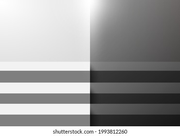 3D black and white step stair studio room blank background with lighting for display product exhibition minimal design. Vector illustration