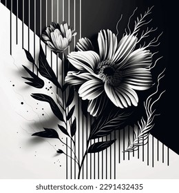 3d Black and white striped floral tropical vector pattern background illustration with shades and shadows. Blossom flowers, leaves, branches. Vertical lines, stripes. Beautiful surface 3d design.