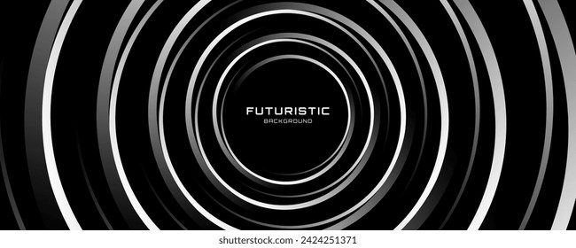 3D black white techno abstract background overlap layer on dark space with glowing circles decoration. Modern graphic design element future style concept for web banner flyer, card cover or brochure