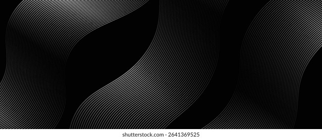 3D black and white techno abstract background with overlapping layers on dark space with wave effect decoration. Luxury line style concept, modern graphic design element for banner cover.