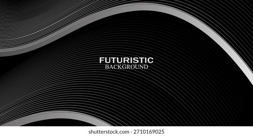 Capa de traslape de fondo abstracto techno blanco negro 3D en el espacio oscuro con decoración de líneas de onda plateadas. Concepto de estilo de rayas de elemento de Diseño gráfico moderno para Web, volante, tarjeta o cubierta de folleto
