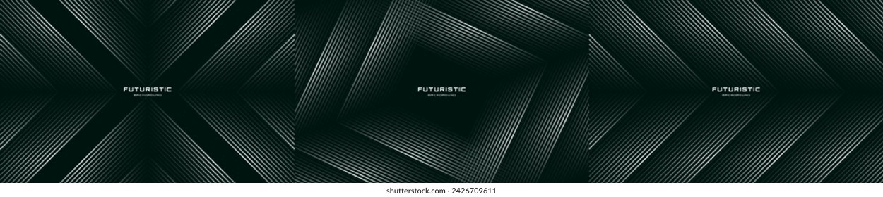3D black white techno background overlap layer on dark space. Modern banners set with glowing arrows decoration. Graphic design element lines style concept for web, flyer, card cover or brochure