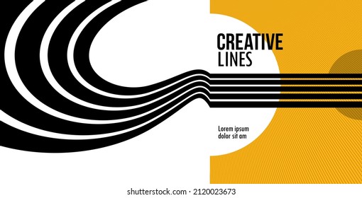 3D black and yellow lines in perspective abstract vector background, linear perspective illustration op art.