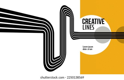 3D black and yellow lines in perspective abstract vector background, linear perspective illustration op art.