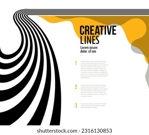 3D black and yellow lines in perspective abstract vector background, linear perspective illustration op art.
