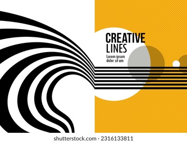 3D black and yellow lines in perspective abstract vector background, linear perspective illustration op art.