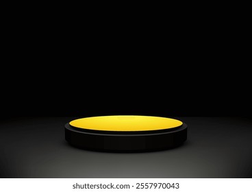 3D black and yellow podium sits on a dramatic dark backdrop, luxury product displays, mockups, and professional presentations