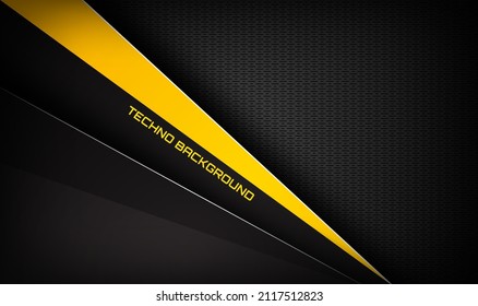3D black yellow techno abstract background, overlap layers on dark space with white stripes effect decoration. Modern template element future style for flyer, card, cover, brochure, or landing page