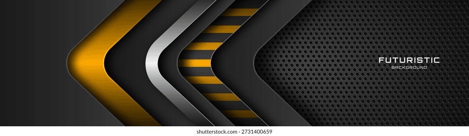 3D black yellow techno abstract background overlap layer on dark space with silver arrows effect decoration. Modern graphic design element cutout style concept for web, flyer, card, or brochure cover