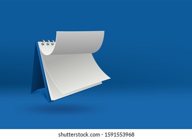 3d blank calendar template with open cover on blue background with soft shadows. vector illustration.