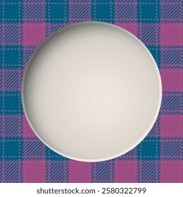 3D blank circle frame paper cut style with tartan plaid pattern pink and blue colors square background graphic illustration.